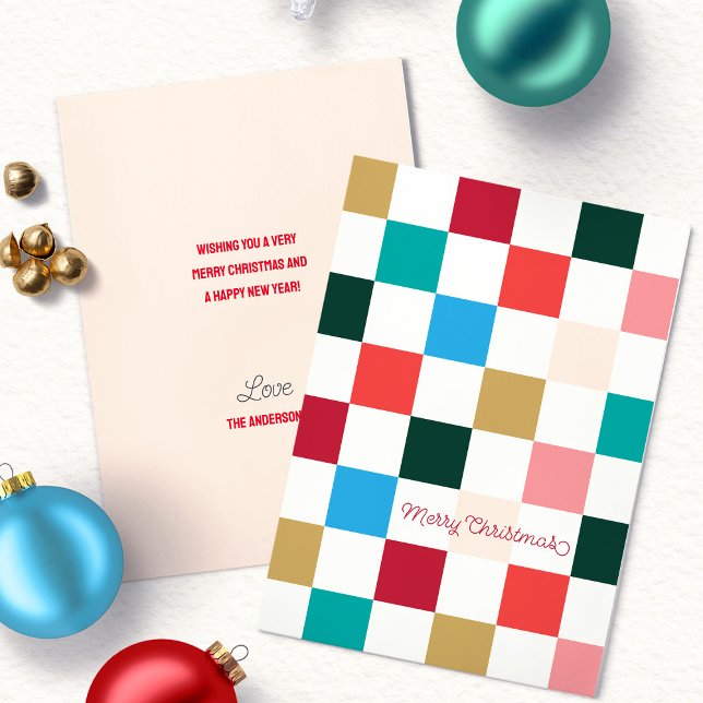 Cartão De Festividades Xadrez Colorido Moderno  (Modern Colorful Checkerboard Merry Christmas Script Typography flat holiday card)