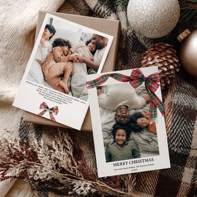 Cartão De Festividades Xadrez Coquette Arco Natal 2 Foto (Plaid Coquette Bow Christmas Winter 2 Photo Holiday Card)