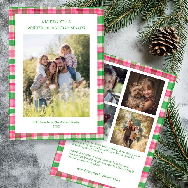 Cartão De Festividades Xadrez de Aquarela Foto Personalizada para Natal F (Watercolor Plaid Handmade Christmas Custom 5 Photo Holiday Card
)