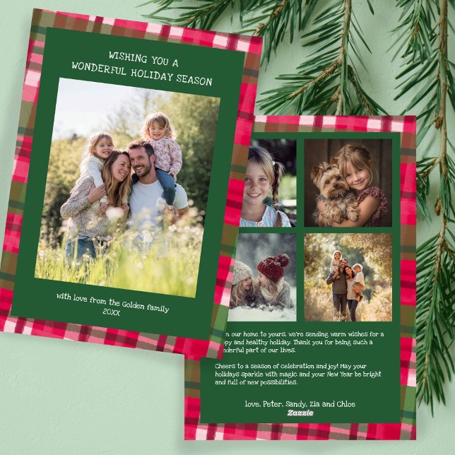 Cartão De Festividades Xadrez de Aquarela Foto Personalizada para Natal F (Watercolor Plaid Handmade Rustic Christmas Custom 5 Photo Family Holiday Card
)
