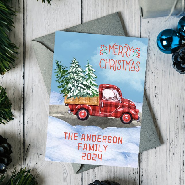 Cartão De Festividades Xadrez de Aquarela Vermelha Neve Feliz Natal (Watercolor Plaid Red Truck Snow Merry Christmas Holiday Card
)