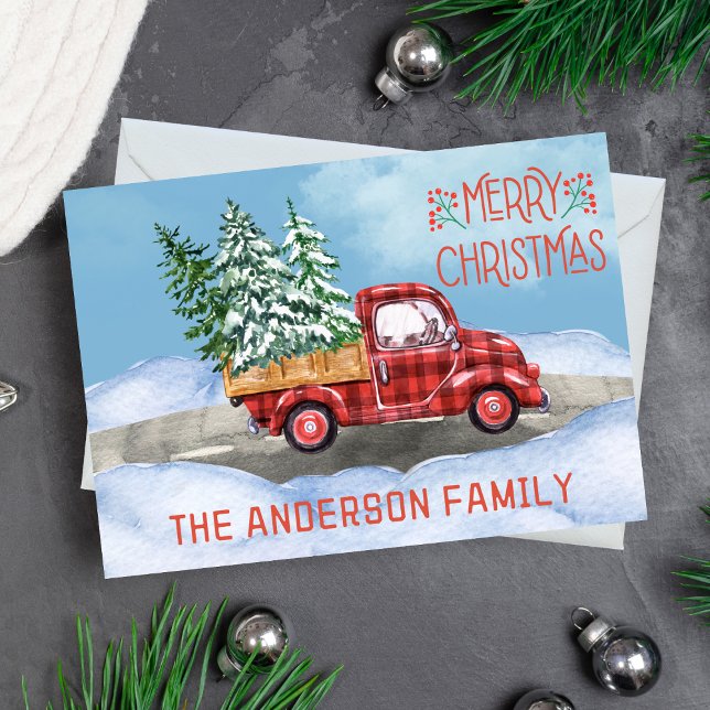 Cartão De Festividades Xadrez de Aquarela Vermelha Neve Feliz Natal (watercolor Merry Christmas card with red and black buffalo plaid truck carrying Christmas trees)