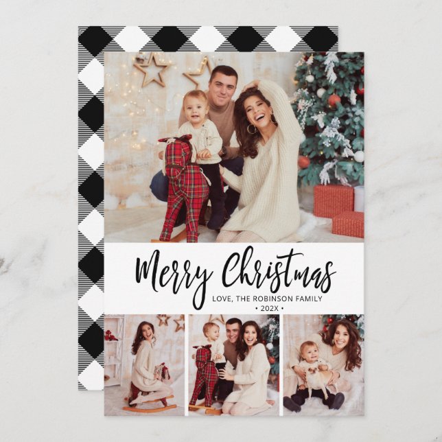 Cartão De Festividades Xadrez de Buffalo Simples 4 Fotocolagem Natal (Frente/Verso)