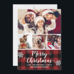 Cartão De Festividades Xadrez de Buffalo Vermelho e Negro Foto Feliz Nata<br><div class="desc">Design/modelo apresenta uma colagem de 4 fotos decorada com flocos de neve,  roteiro elegante e fundo de xadrez vermelho e preto de na moda.</div>