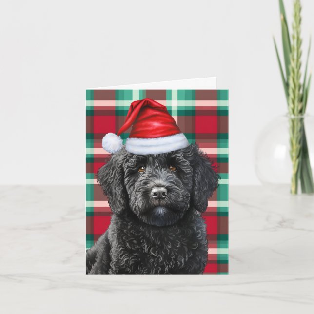 Cartão De Festividades Xadrez de Férias de Natal Black Labradoodle (Frente)