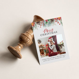 Cartão De Festividades Xadrez de fotos da família Feliz Natal Red Gingha