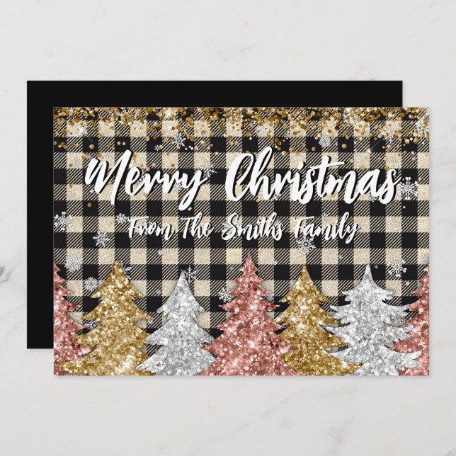 Cartão De Festividades Xadrez De Natal E Nome Da Família Glitter (Frente/Verso)