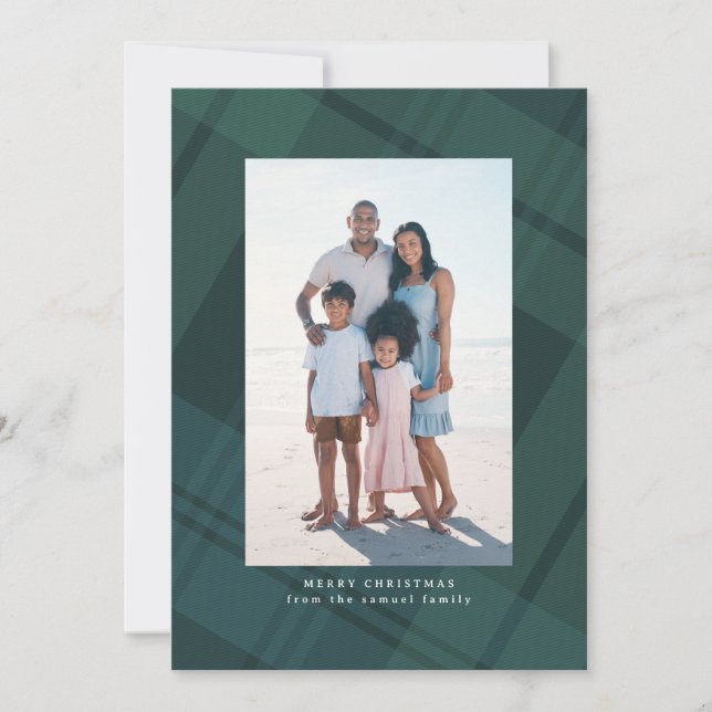 Cartão De Festividades Xadrez de Natal verde clássico simples duas fotos (Frente)