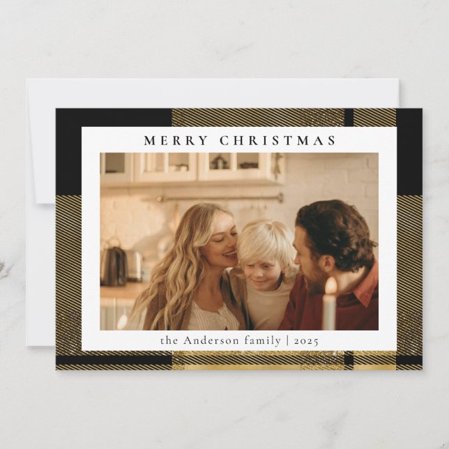 Cartão De Festividades Xadrez Dourada simples de Tartan | Natal da foto (Frente)