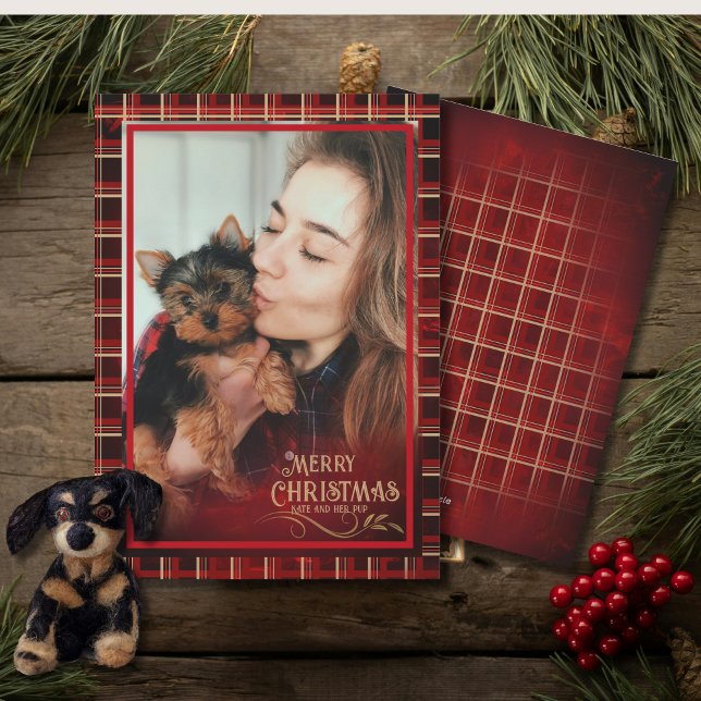 Cartão De Festividades Xadrez elegante Foto RED DOURADO Feliz Natal (Elegant Plaid Photo RED GOLD Merry Christmas Holiday Card)