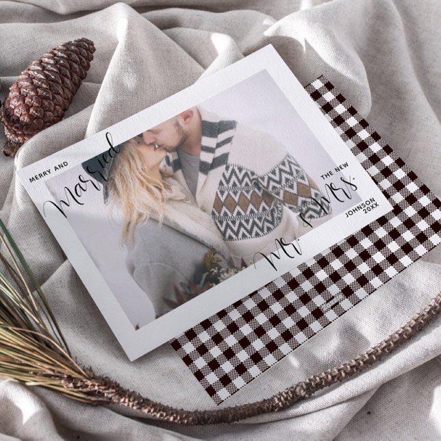 Cartão De Festividades Xadrez Feliz & Script casado Sr & Sra. Foto (Criador carregado)