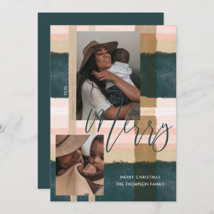 Cartão De Festividades Xadrez feliz Verde e Xadrez Rosa Modernos Duas Fo