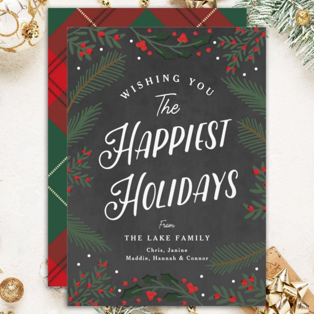 Cartão De Festividades Xadrez festiva e verde e costume de berries (Criador carregado)