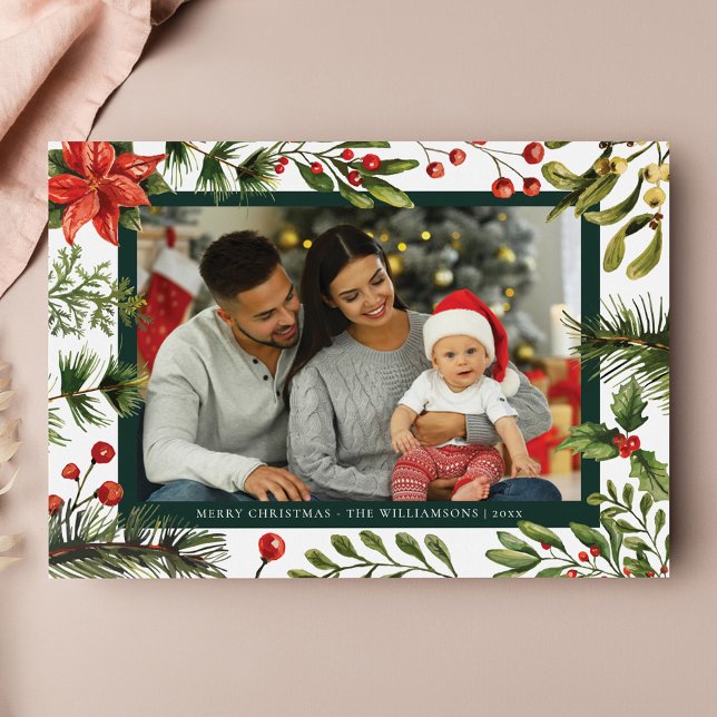 Cartão De Festividades Xadrez Floral Família Foto Rustic Tartan (Family Photo Christmas Holiday Rustic Plaid Greetings Card)