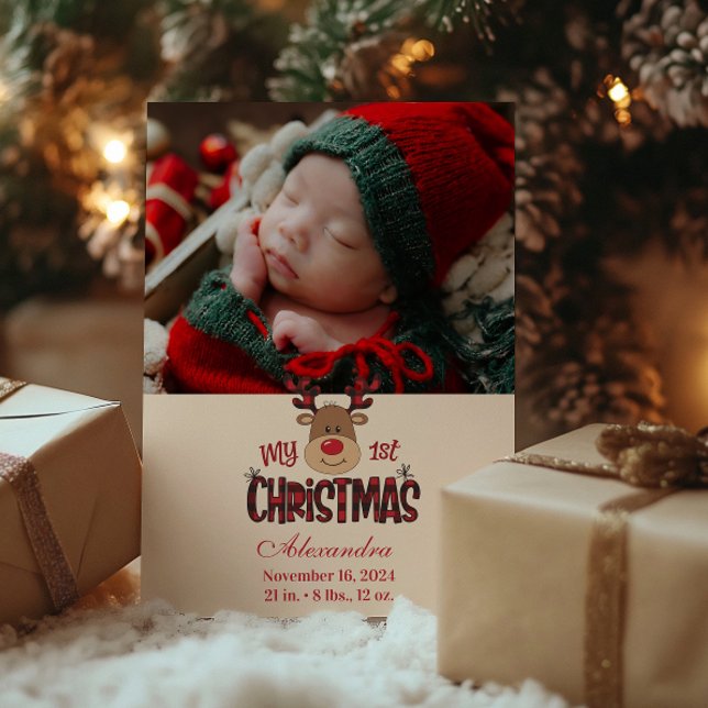 Cartão De Festividades Xadrez Fotográfica Reindeer Baby Primeiro Natal (Criador carregado)
