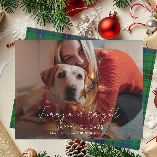 Cartão De Festividades Xadrez Furry e Foto Brilhante Tartan Natal (Plaid Furry and Bright Photo Tartan Christmas Holiday Card)