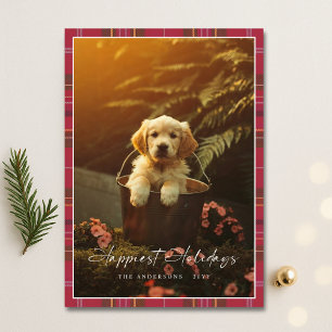Cartão De Festividades Xadrez Modern Script Happiest Holidays Puppy Foto