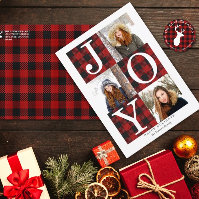 Cartão De Festividades Xadrez Muito Feliz | 3 Foto (Elegant buffalo plaid 3-photo Christmas holiday card.)