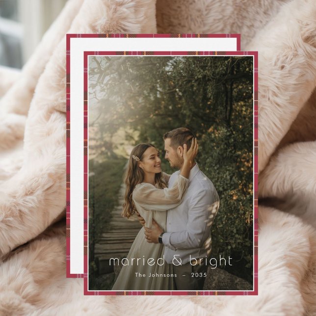 Cartão De Festividades Xadrez Natal Casado & Bright Rustic Foto Boho (Criador carregado)