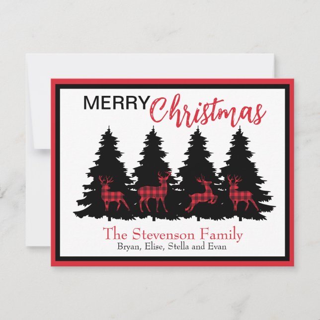 Cartão De Festividades Xadrez Preto e Vermelho Rústico com Cervo e Árvore (Frente)