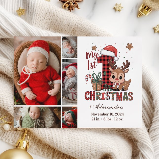 Cartão De Festividades Xadrez Reindeer 5 Foto Primeiro Natal (Criador carregado)