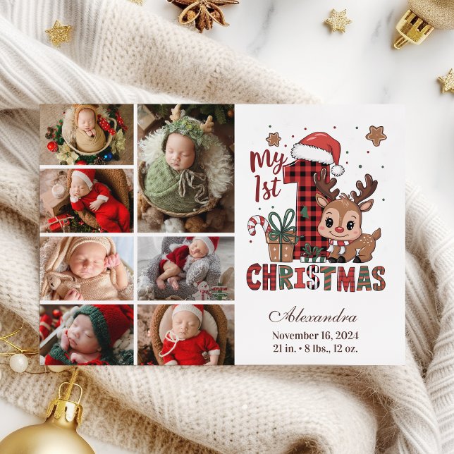 Cartão De Festividades Xadrez Reindeer 7 Foto Primeiro Natal (Criador carregado)