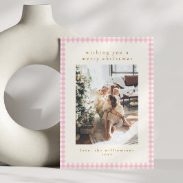 Cartão De Festividades Xadrez Rosa Gingham Retrato Duas Fotografias Natal