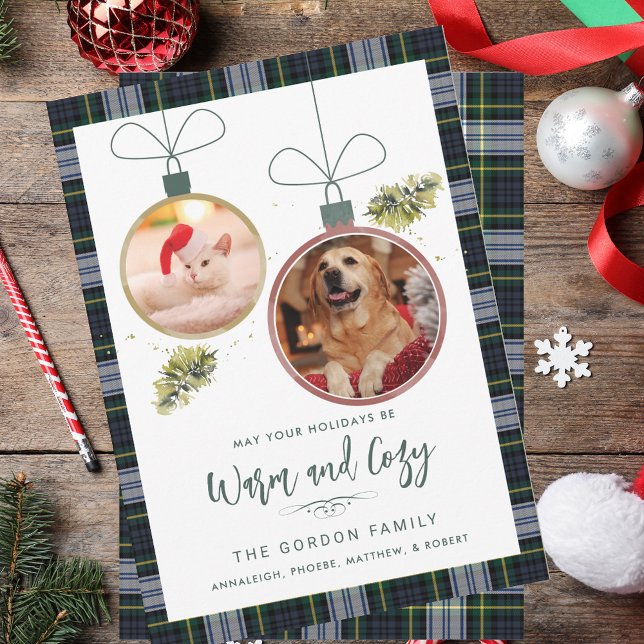 Cartão De Festividades Xadrez russa Natal 2 Pets Fotos Tartan (Rustic Plaid Christmas 2 Pet Photos Tartan Holiday Card)