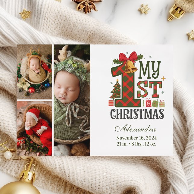 Cartão De Festividades Xadrez Rustic 3 Foto Primeiro Natal (Criador carregado)