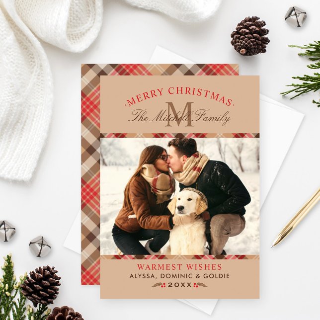 Cartão De Festividades Xadrez Rustic Tan Tartan Foto do Monograma de Nata (Criador carregado)