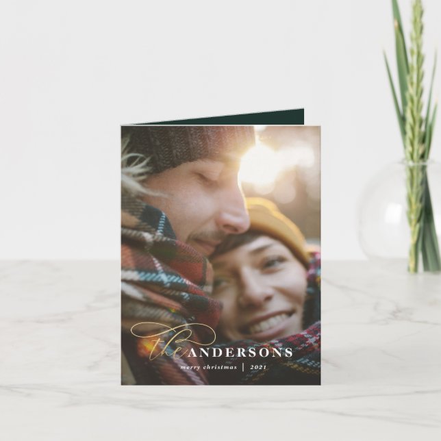 Cartão De Festividades xadrez verde com script Dourado retrovisor 1 fotog (Frente)