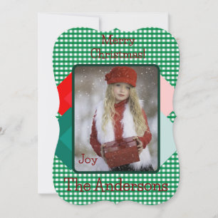 Cartão De Festividades Xadrez Verde e Triângulos Vermelhos Adicionar Foto