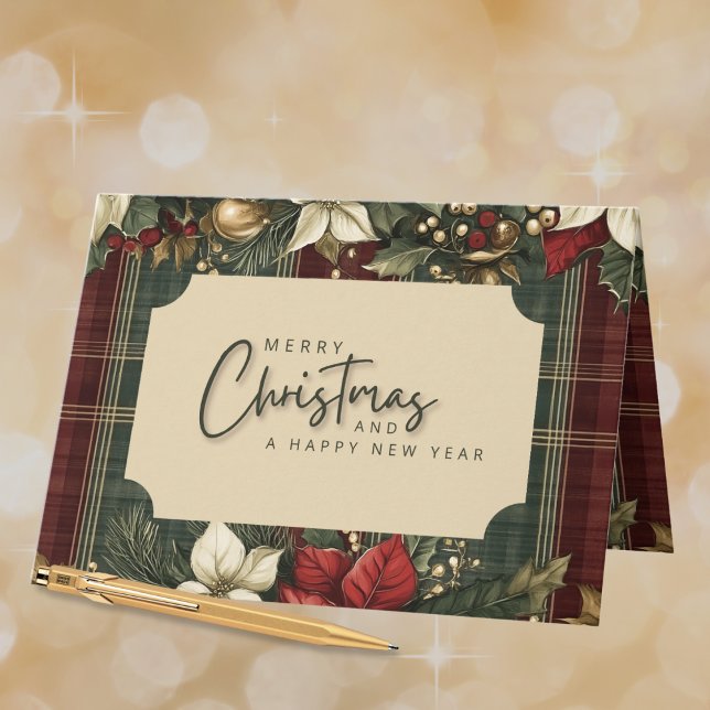 Cartão De Festividades Xadrez Verde Elegante Poinsettia Vermelha Feliz Na (Criador carregado)