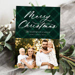 Cartão De Festividades Xadrez verde escovada Feliz Natal 3 Foto<br><div class="desc">Elegante cartão com fotos de férias com "Feliz Natal" exibido em um roteiro de caligrafia branca no topo do design num fundo de xadrez verde pintado. Personalize a frente da placa adicionando seu nome, ano e uma foto. A placa reverte para exibir 2 fotos adicionais em um fundo de xadrez...</div>