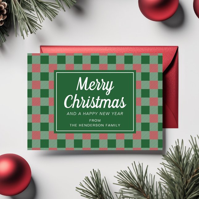 Cartão De Festividades Xadrez Verde Festiva Manchada de Natal (Festive Green Plaid Merry Christmas Script Holiday Card)