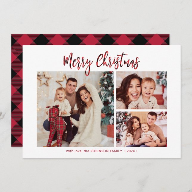 Cartão De Festividades Xadrez Vermelha Elegante 3 Várias Fotografias Nata (Frente/Verso)