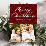 Cartão De Festividades Xadrez Vermelha escovada Feliz Natal 3 Foto<br><div class="desc">Cartão com fotos elegante com "Feliz Natal" exibido em um roteiro de caligrafia branco no topo do design em um fundo de xadrez vermelho pintado. Personalize a frente da placa adicionando seu nome, ano e uma foto. A placa reverte para exibir 2 fotos adicionais em um fundo de xadrez correspondente...</div>