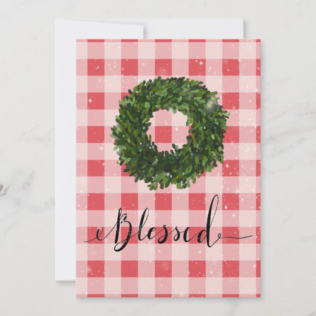 Cartão De Festividades Xadrez Vermelha Gingham Christmas Snow Wreath (Frente)