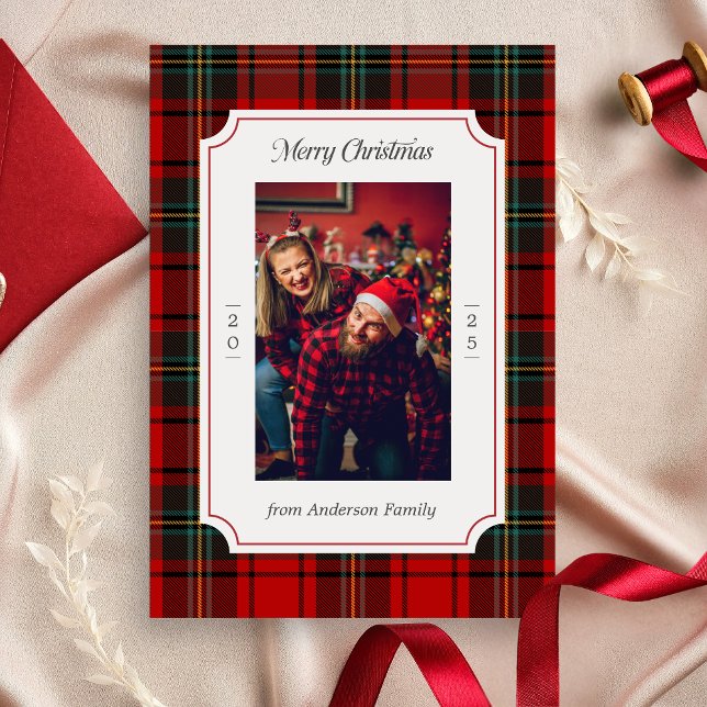 Cartão De Festividades Xadrez Vermelho Feliz Natal (Red Plaid Modern Merry Christmas Holiday Card)