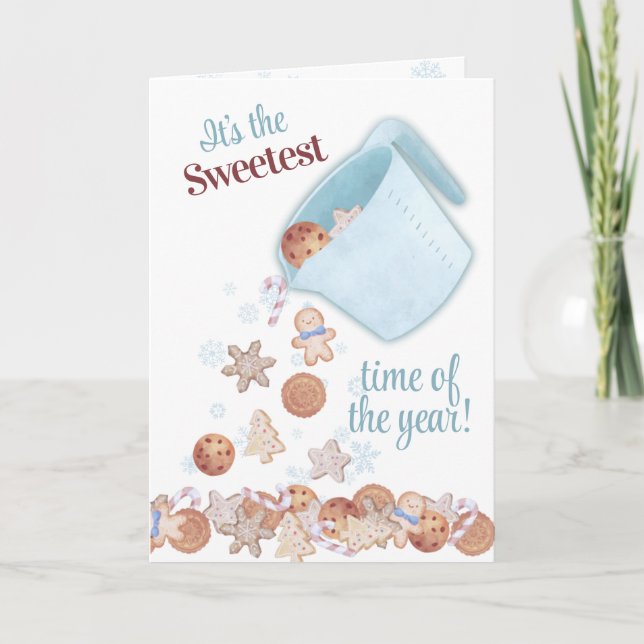 Cartão De Festividades Xícara de medida derramando biscoitos de Natal coz (Frente)