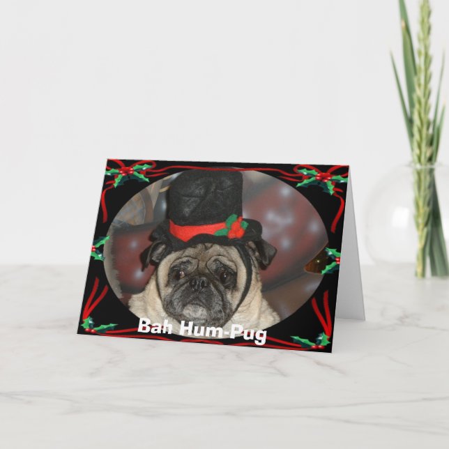 Cartão De Festividades Xmas de Sam, Zumbido-Pug de Bah (Frente)
