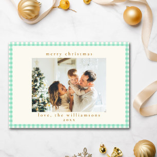 Cartão De Festividades Xmas Foto Personalizada Vintage Xadrez Verde Menta