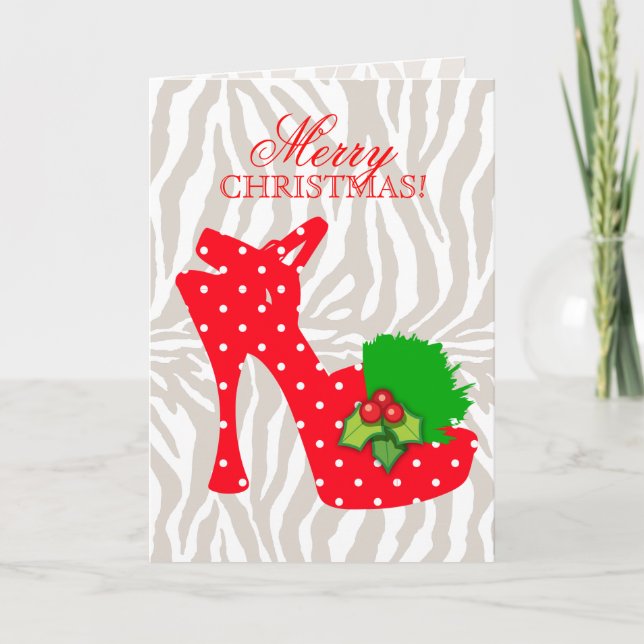 Cartão De Festividades Xmas High Heel Shoe Zebra Red Dots (Frente)