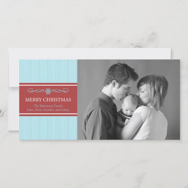 Cartão De Festividades Xmas Stripes Christmas Photo Card (Teal/Burgandy) (Frente)