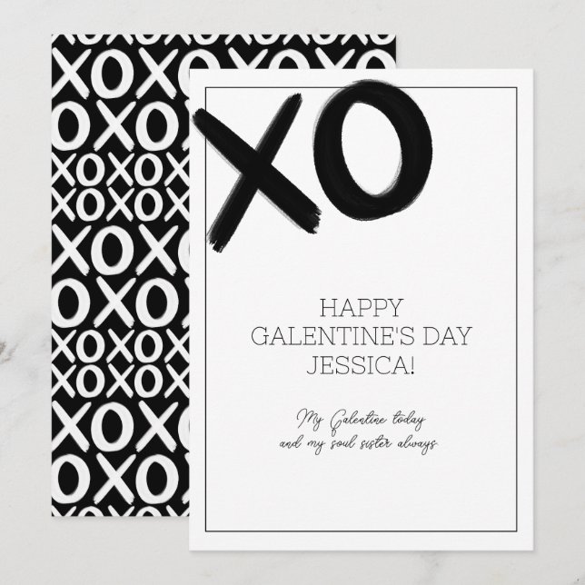 Cartão De Festividades XOXO Black and White Bestie Name Galentine's Day (Frente/Verso)