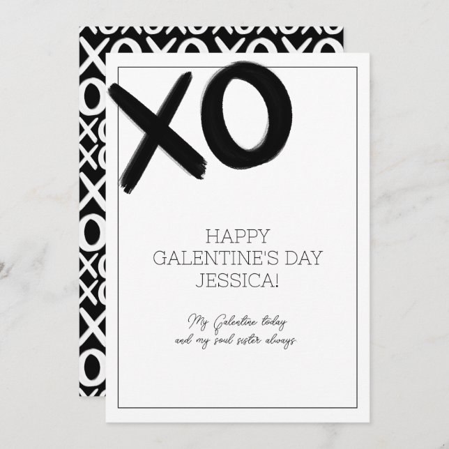 Cartão De Festividades XOXO Preto e Branco Nome da Melhor Amiga Dia das G (Frente/Verso)