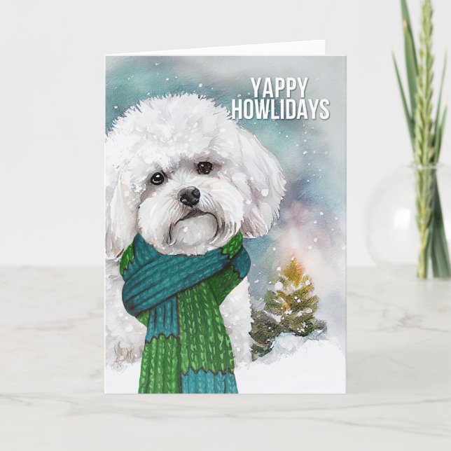 Cartão De Festividades Yappy Howlidays Bichon Frise Dog Christmas (Frente)