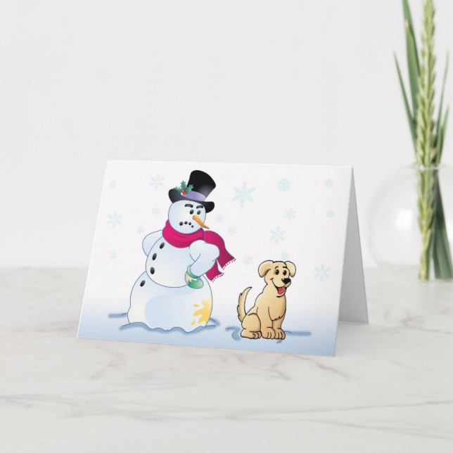 Cartão De Festividades yellow Lab Pup and Snowman (Frente)