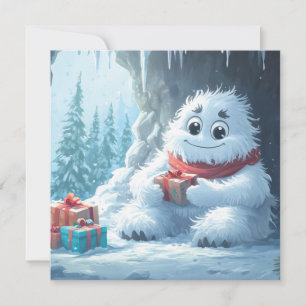 Cartão De Festividades Yeti Adorável com Presentes de Natal em uma Cavern