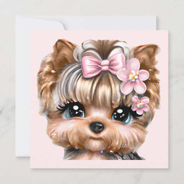Cartão De Festividades Yorkie bonito com um Arco rosa (Frente)